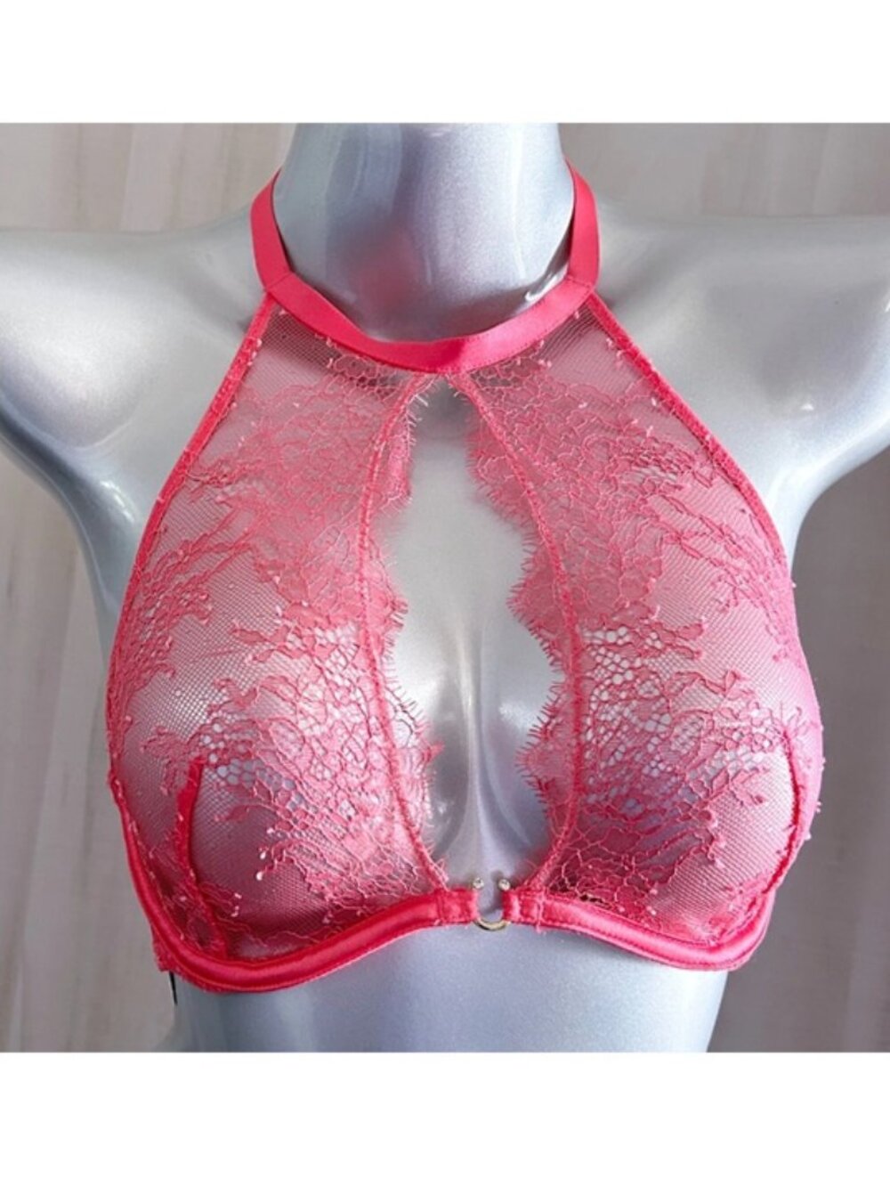 Nwt Victoria's Secret Chantilly Lace High Neck Unlined Pink Halter Bra